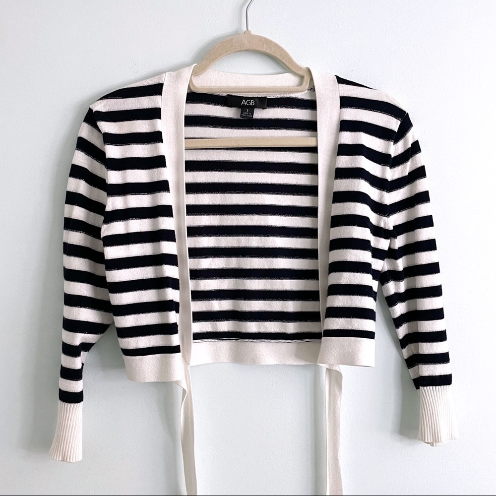 Crop Cardigan in Black and White Stripes with Waist Tie and Metallic Thread AGB